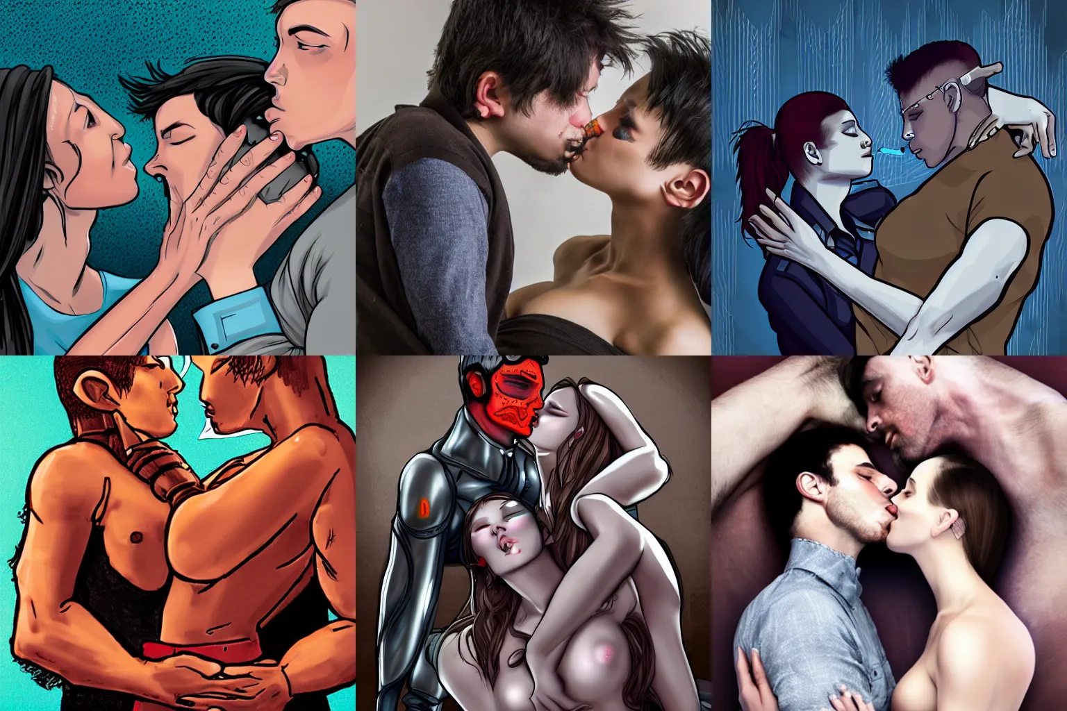 Prompt: polyamorous cyborgs kissing and caressing lovingly