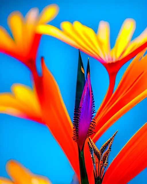 Image similar to super sharp microphotography ornate Birds of Paradise flowers dali robert steven connett dramatic orange light 8k low angle shallow depth of field