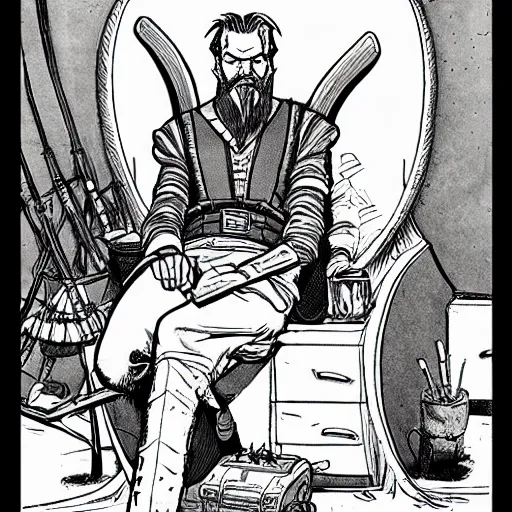 Prompt: rackham the red sitting in podcast! studio, in the style of moebius