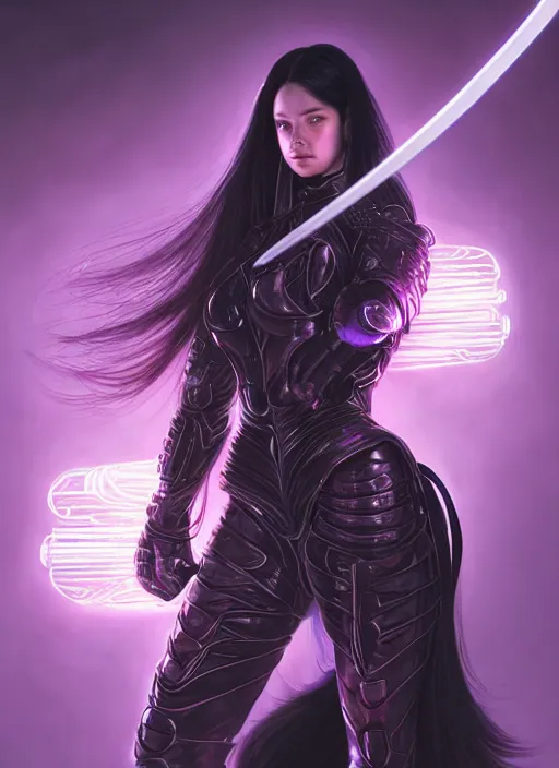 Prompt: portrait of a woman with long black hair in a ponytail, in sci - fi armor, platemail, close fitting, holding a katana made of purple energy, intricate, elegant, glowing lights, highly detailed, digital painting, artstation, concept art, smooth, sharp focus, illustration, art by wlop, mars ravelo and greg rutkowski