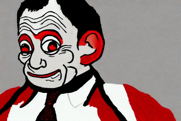 Prompt: red on white background ms paint doodle of group portrait of mr bean grey goblin looking funny looking smug