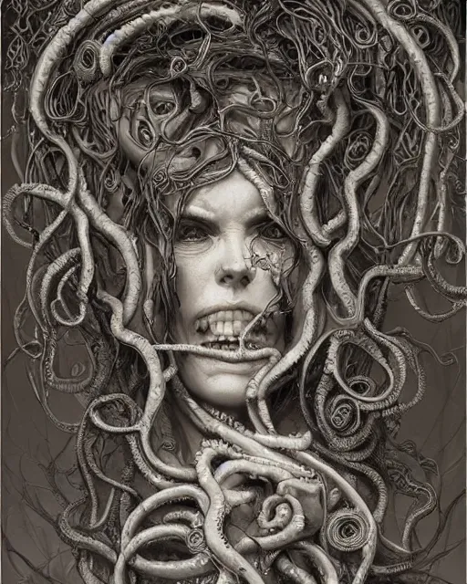Image similar to centered beautiful detailed portrait of a insane, crazed, mad old woman, ornate tentacles growing around, ornamentation, thorns, vines, tentacles, elegant, beautifully soft lit, full frame, by wayne barlowe, peter mohrbacher, kelly mckernan, h r giger