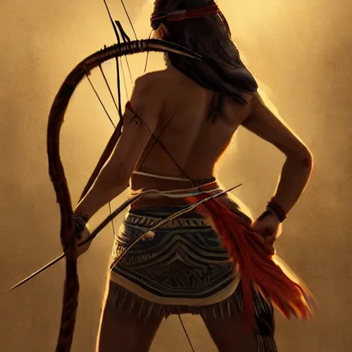 Prompt: tribal archer woman aiming her bow off camera, painting, artstation, epic, intense lighting