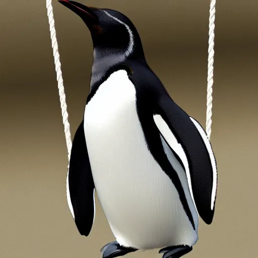 Image similar to realistic penguin sitting on a huge swing, hyper detailed, trending on artstation