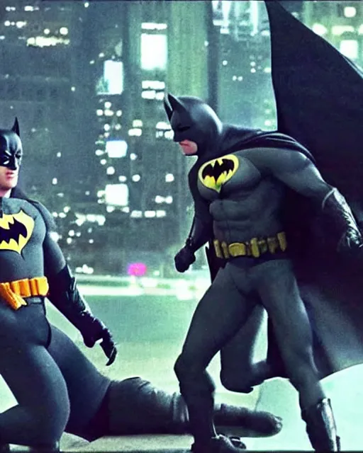 Image similar to Batman caught beating up a random guy in Gotham, secuirty cam footage, low quality footage, leaked footage, viral on instagram, viral on twitter, snapchat photo