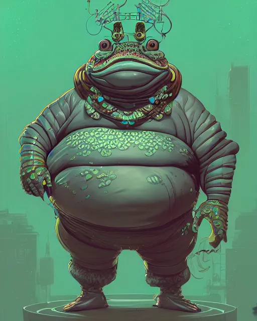 Image similar to a fat slimy anthropomorphic toad king wearing ornate cyberpunk armor, smooth, intricate, elegant, digital painting, artstation, steam, grungy steel, concept art, sharp focus, octane render, illustration, art by josan gonzalez,