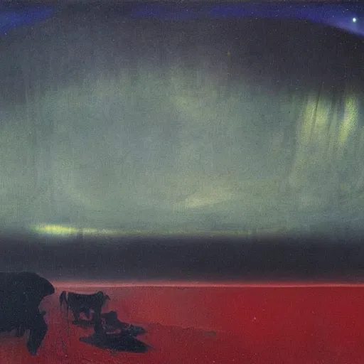 Image similar to the epic abstract painting'blue arctic void with black and red aurora borealis above a large herd of tiny walruses ', by caspar david friedrich!!!, by rothko!!!, stunning masterpiece, trending on artstation