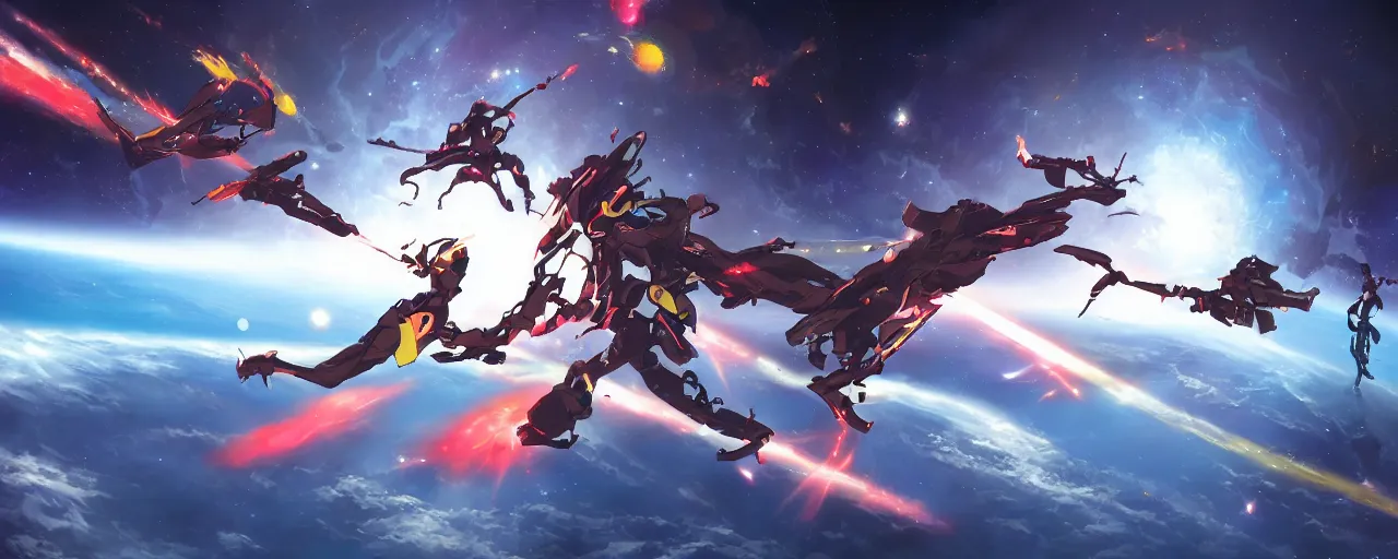 Image similar to fantasy epic monkey gunfight in space, laser guns, anime, evangelion, concept art, 4 k