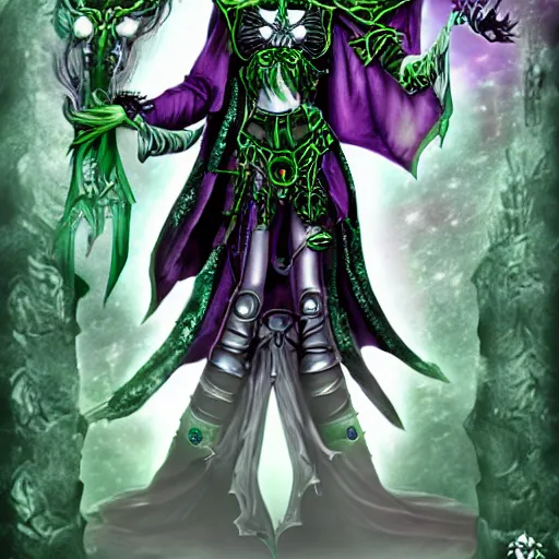 Prompt: a high priestess necromancer in the style of chaos in warhammer 4 0 k, flowing robe, jewel encrusted chestplate, green black grey and white palette, lolth, dnd, character art