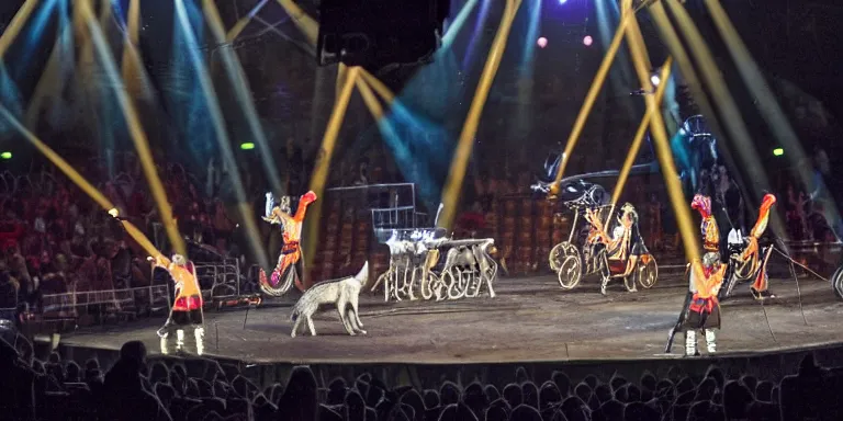 Image similar to wolves perfoming in the circus. long shot