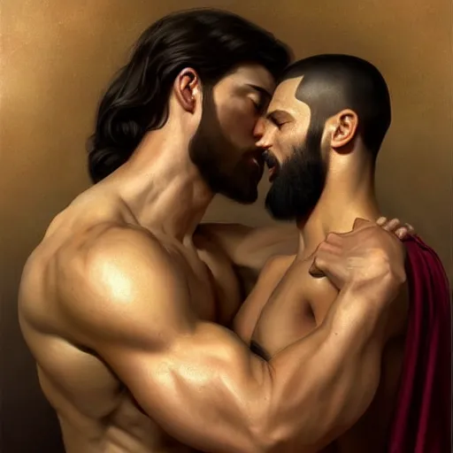 Image similar to jesus kissing a sensual muscular man in jerusalem, elegant, highly detailed, digital painting, artstation, concept art, matte, sharp focus, highly detailed, 4 k, hdr, smooth, sharp focus, high resolution, award - winning photo, photorealistic, art by artgerm and greg rutkowski and alphonse mucha, large shot