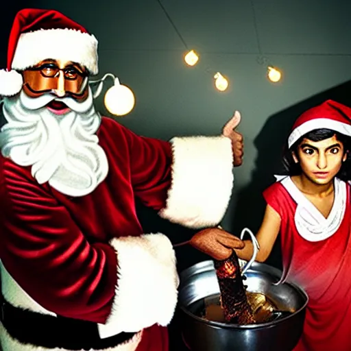 Prompt: uhd candid photo of bin laden and a b dressed as santa claus, making a bomb. correct faces, intricate details, hyperdetailed, accurate faces. photo by annie leibowitz