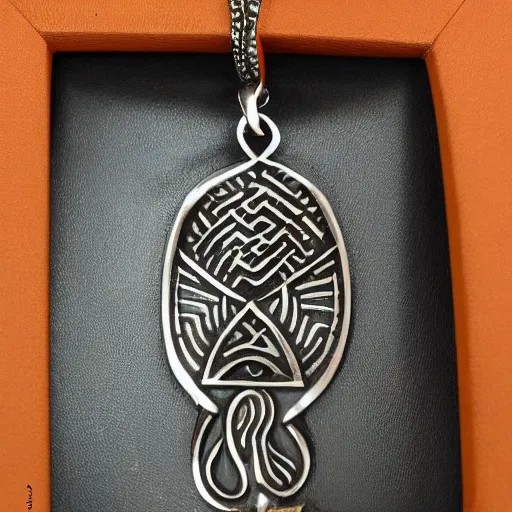 Prompt: amulet of wave inlaid in silver on a young beautiful woman neck, realistic,