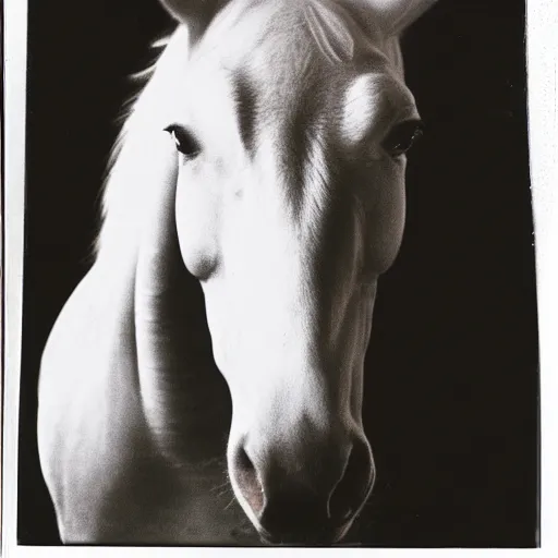 Prompt: a black and white grainy polaroid horse with a creepy human face