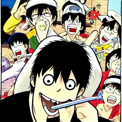 Image similar to a person with a toothbrush in their mouth, a comic book panel by Eiichiro Oda, trending on pixiv, les nabis, booru, anime, official art