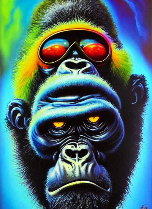 Prompt: ron pearlman as an apocalyptic anthropomorphic gorilla biker character, psychedelic vibrant colors, futuristic punk rock fashion, oil painting by michael whelan art, perfect face, sharp focus, detailed eyes, realistic, 8 k