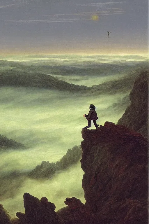 Image similar to Pepe the Frog in painting Wanderer above the Sea of Fog by Caspar David Friedrich,