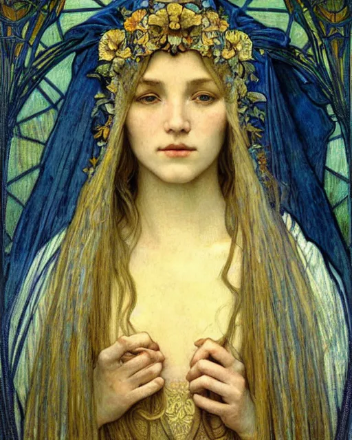 Image similar to detailed realistic beautiful young medieval queen face portrait by jean delville, alphonse mucha, vincent van gogh, and marco mazzoni, art nouveau, symbolist, visionary, gothic, pre - raphaelite