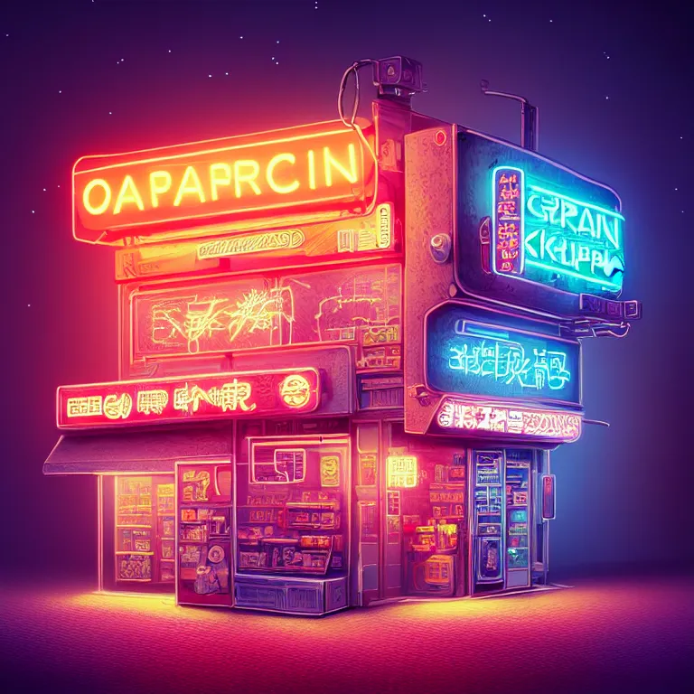 Prompt: origami mini cyberpunk convenience store has a neon sign of 2 4 hours, fantasy, intricate, elegant, highly detailed, digital painting, artstation, concept art, smooth, sharp focus illustration, created by jan urschel and sylvain sarrailh, 4 5 ° 3 d viewing angle, pixel art