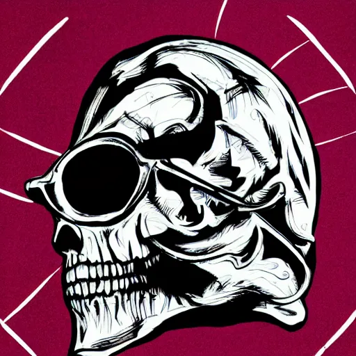 Prompt: a digitally drawn skull wearing shades that have devil horns and a halo on top of the skull, detailed 4 k