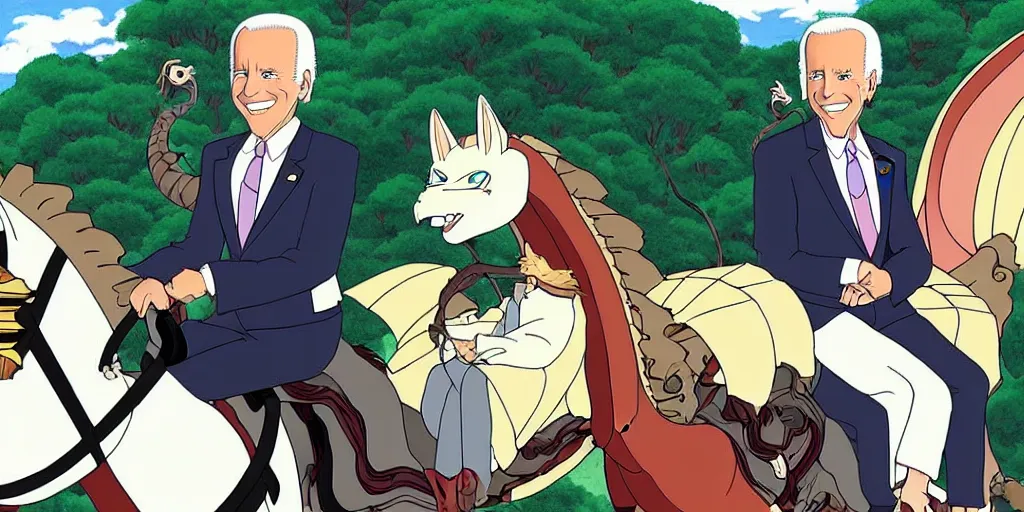 Image similar to joe biden riding a dragon studio ghibli