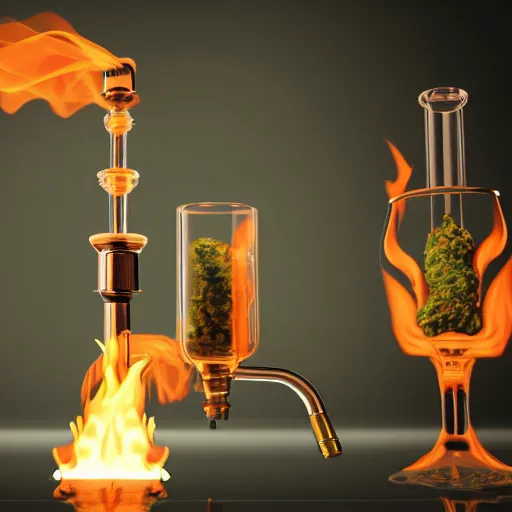 Image similar to beaker bong. cannabis weed nugs, water pipe, fire, smoke, octane render, 8 k, ultra hd, unreal engine 5, ray tracing