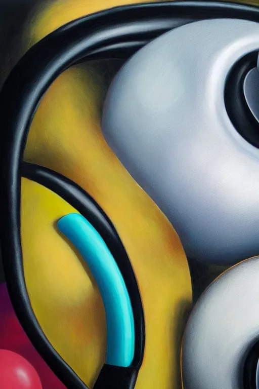 Image similar to hyperrealism surrealism acrylic painting, close - up portrait of bowling ball - with big headphones and a mime sweater, aerosol splashes on paper background, art by jeff soto