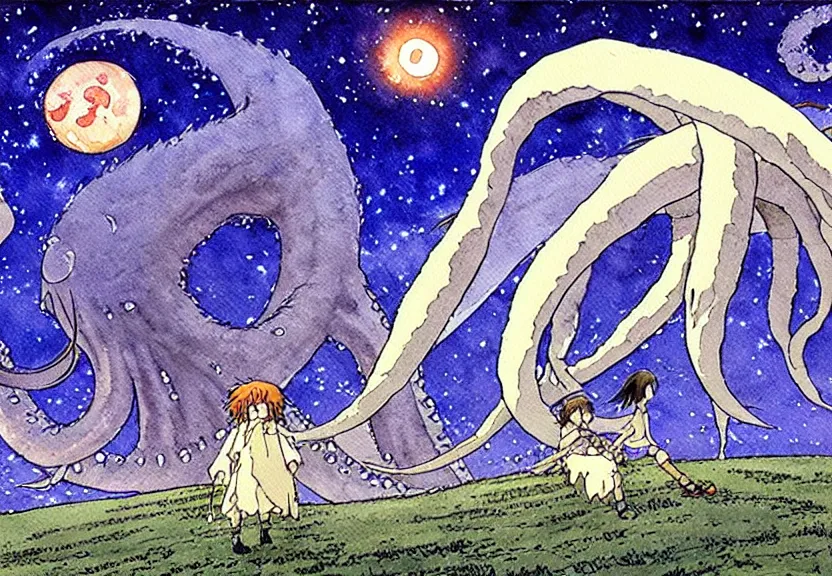 Image similar to a simple watercolor studio ghibli movie still fantasy concept art of a giant squid from princess mononoke ( 1 9 9 7 ) in stonehenge. it is a misty starry night. by rebecca guay, michael kaluta, charles vess