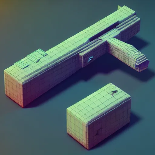 Image similar to isometric 3 d weapon, low poly, soft render, handpaint texture, blender, 3 dcoat