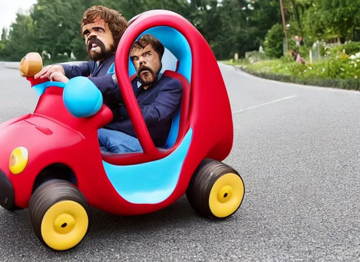 Prompt: peter dinklage driving a little tikes cozy coupe, movie still, from the new munsters movie, 8 k, realistic