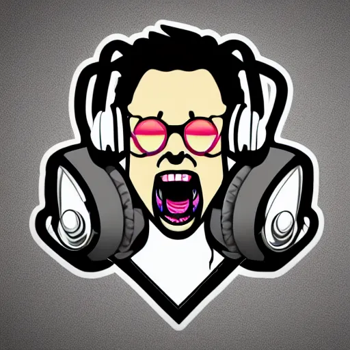 Image similar to svg vector sticker of absolutely insane-mad-scientist-villain, rocking out, wearing headphones, huge speakers, dancing, rave, DJ, spinning records, digital art, amazing composition, rule-of-thirds, award-winning, trending on artstation, featured on deviantart