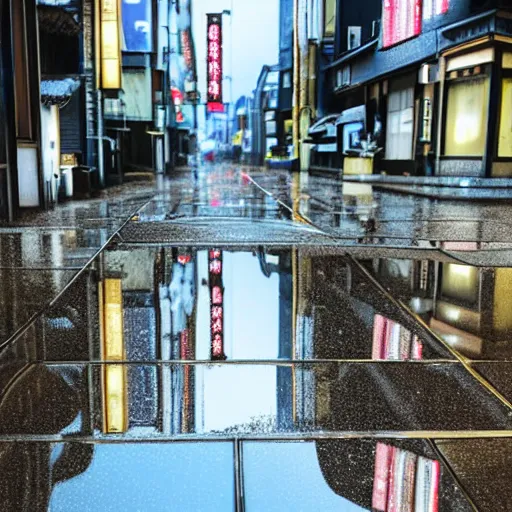 Image similar to still photo of rain puddles and reflections in a japanese street, cloudy weather, highly detailed, photorealistic shot, bright studio setting, studio lighting, crisp quality and light reflections, unreal engine 5 quality render