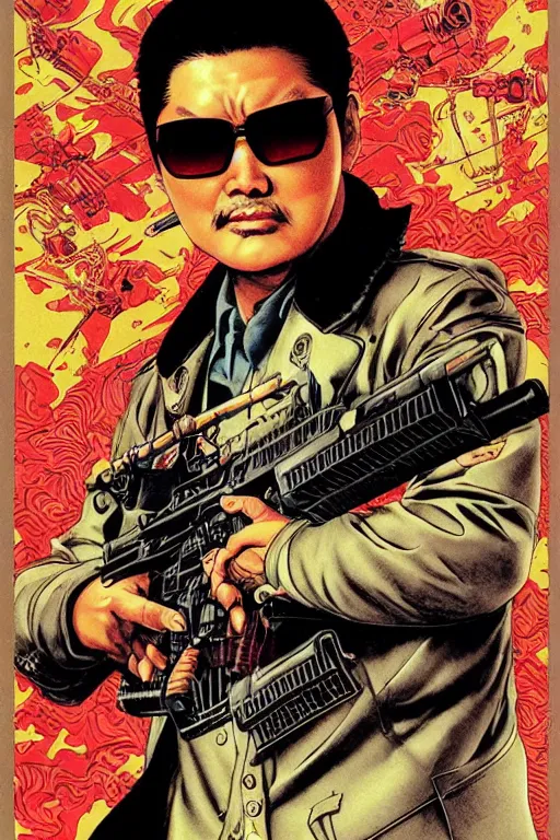 Image similar to poster of chow yun - fat wearing shades and shooting guns, by yoichi hatakenaka, masamune shirow, josan gonzales and dan mumford, ayami kojima, takato yamamoto, barclay shaw, karol bak, yukito kishiro