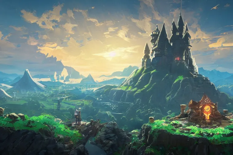 Prompt: the lost castle, zelda breath of the wild, in the style of stephan martiniere and vicente segrelles, trending on artstation, back lighting tilt - shift cottagecore, abstract illusionism, movie poster, creature concept art, precisionism