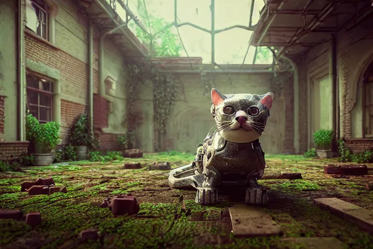 Image similar to Broken cyborg cat sitting on old courtyard with mud and an old playground between two soviet five-storey overgrown with ivy panel houses, high details, cinematic, 8k resolution, beautiful detailed, insanely intricate details, artstation trending, rule of third, octane render, unreal engine