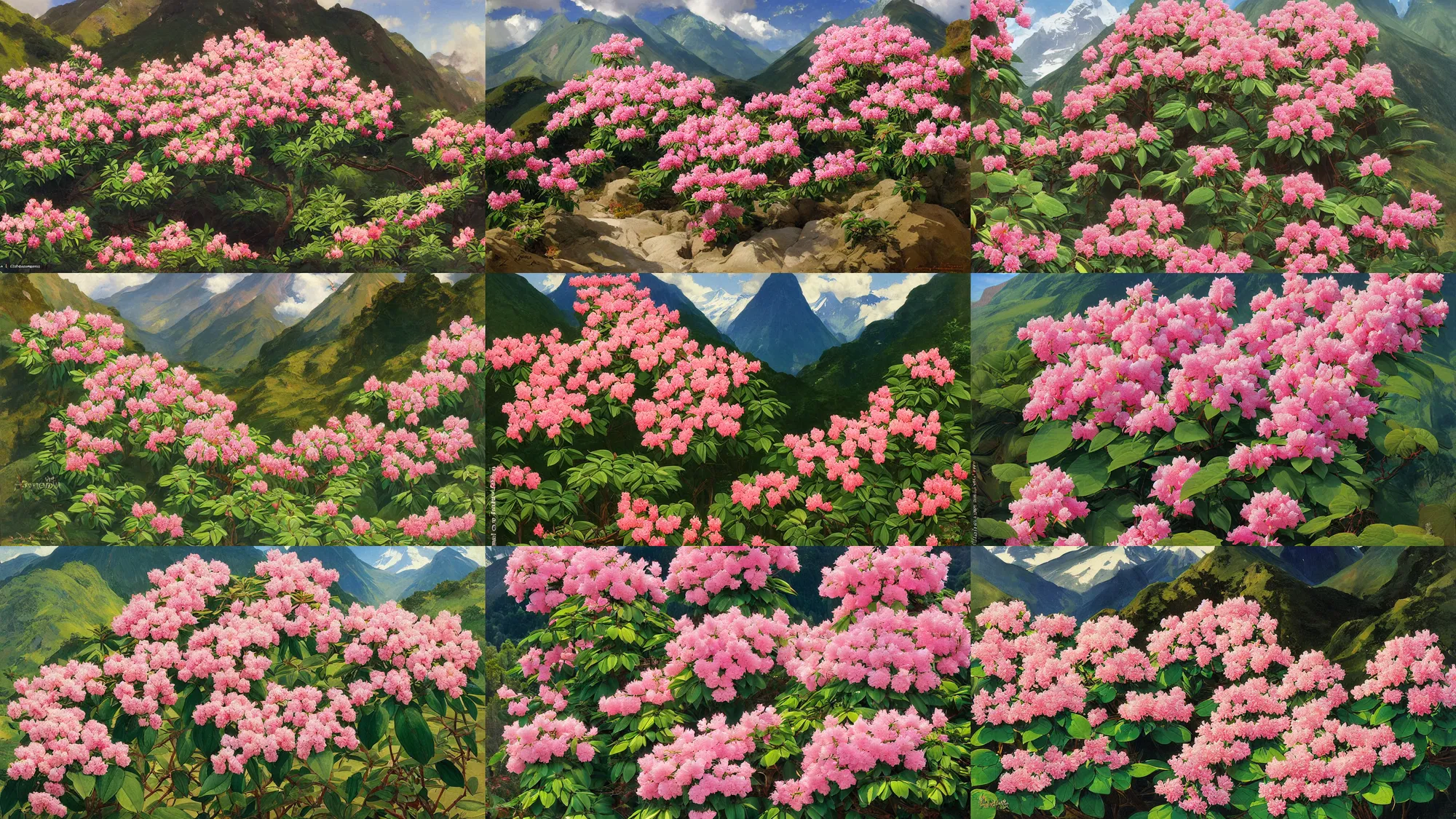 Prompt: painting by sargent and leyendecker and greg hildebrandt savrasov levitan rhododendron, yushan rhododendron alpine rose blooming by the trails of taroko national park, taiwan