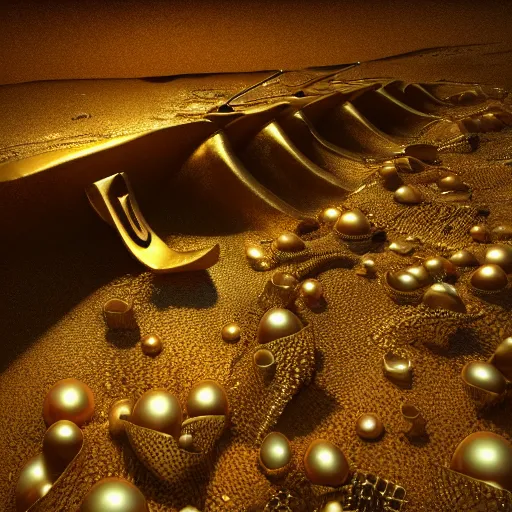 Prompt: “golden shovel digging gold scattered treasures and pearls ship wreck in the style of Edward Hooper detailed 8k atmospheric volumetric lighting octane render” - S 627395