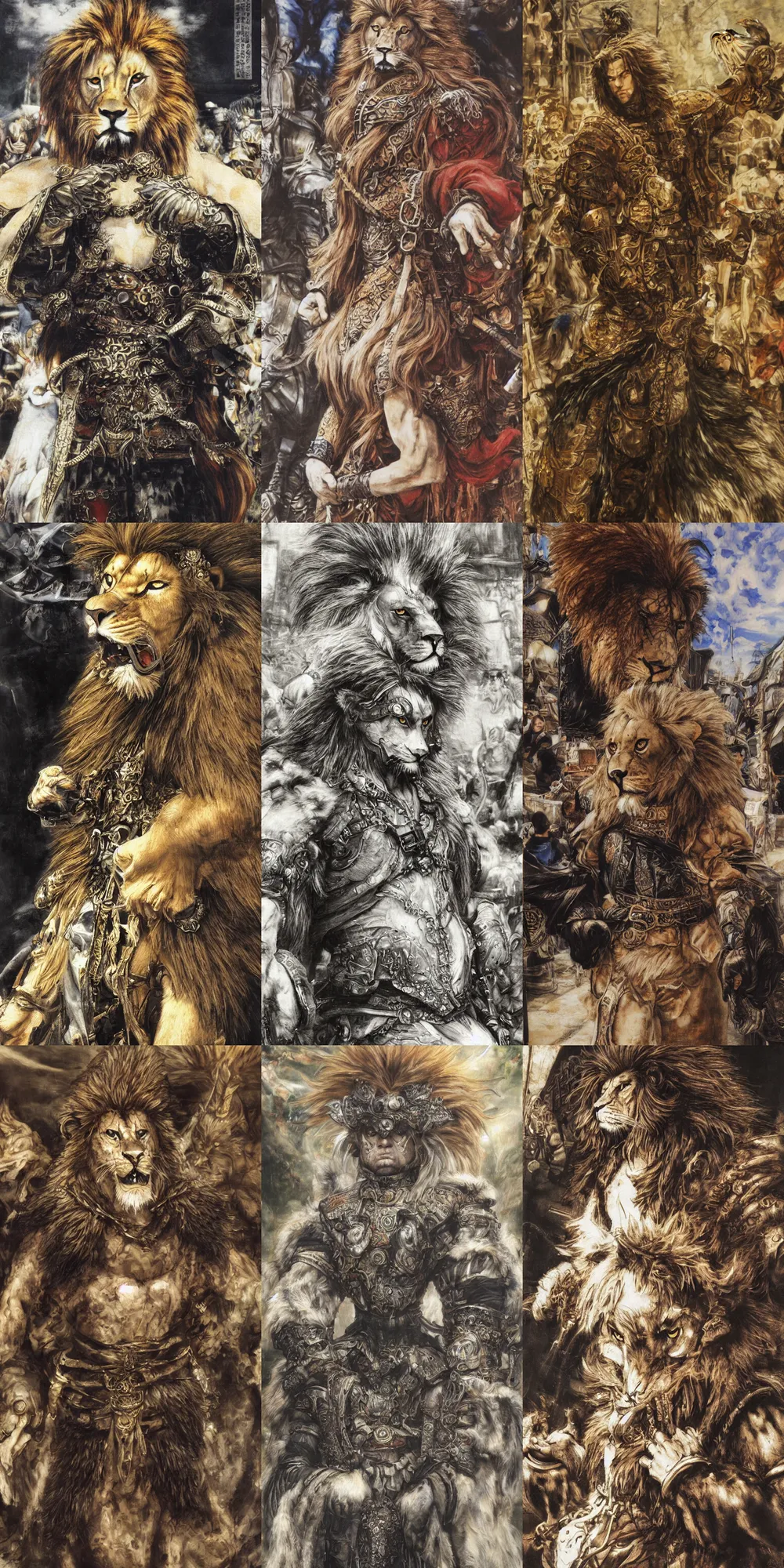 Image similar to 8 k yoshitaka amano painting of upper body of a young cool looking lion beastman with white mane at a medieval market at windy day. depth of field. he is wearing complex fantasy clothing. he has huge paws. renaissance style lighting.