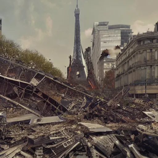 Image similar to A beautiful intricate 8K award-winning ground-level cinematic movie photograph of the future rusting rubble of the fallen and decimated Eiffel Tower, lying in pieces on the ground, surrounded by neon and collapsing corporate video billboard displays. in the year 2050, by Bruno Delbonnel and greg rutkowski. octane render, Arri Alexa 65. Cinematic lighting