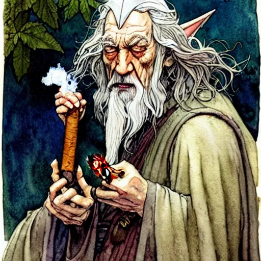 Image similar to a realistic and atmospheric watercolour fantasy character concept art portrait of gandalf with bloodshot eyes looking confused and smoking weed out of his pipe with a pot leaf nearby, by rebecca guay, michael kaluta, charles vess and jean moebius giraud