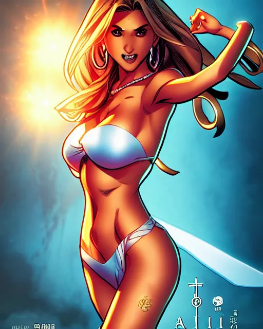 Prompt: sakimi chan comicbook cover art, jessica alba as aphrodite ix