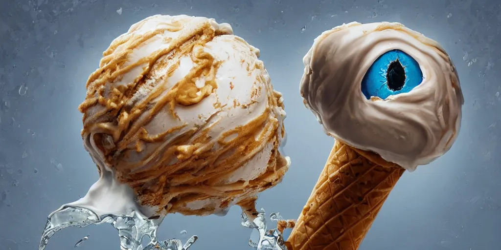 Prompt: a beautiful and highly detailed impasto painting of an eyeball melting and dripping across the ice cream cone of the universe | unreal engine: .4