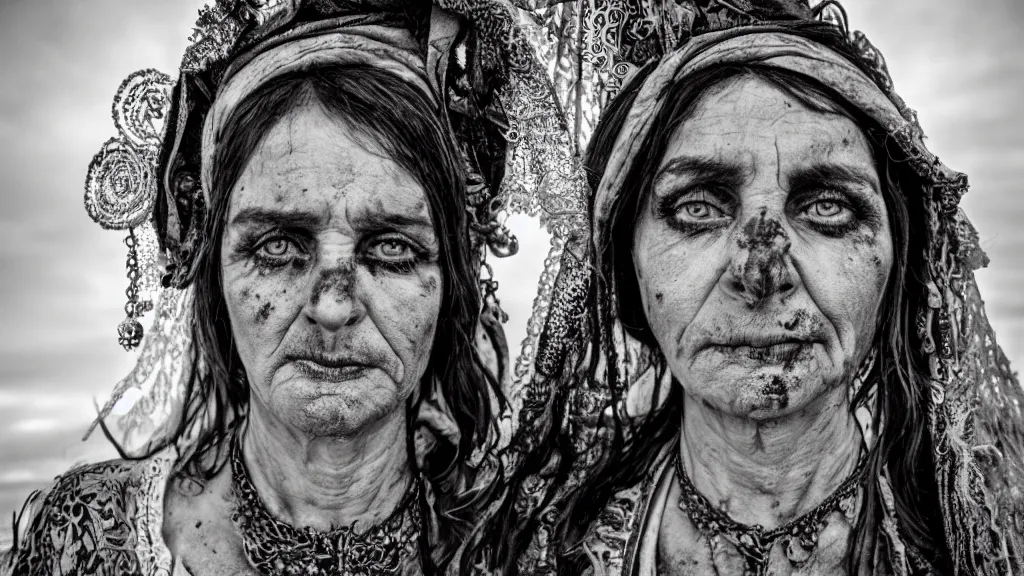 Prompt: by laurie lipton, wide angle, dirty, rtx, gypsy bride portrait, grainy style