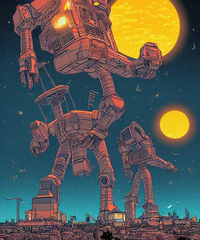 Prompt: gigantic solar robots towering over a small city meteor in the dark starry sky by laurie greasley and kelly freas