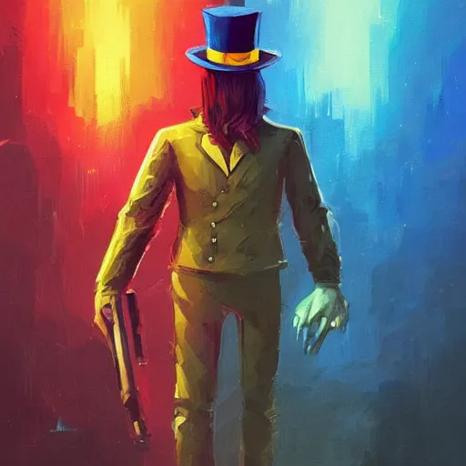 Image similar to superhero with tophat and a rifle in blue and yellow clothes, by anato finnstark, by alena aenami, by john harris, by ross tran, by wlop, by andreas rocha