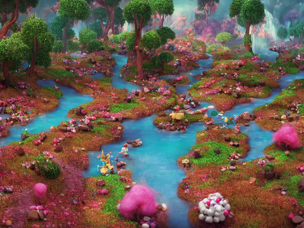 Prompt: an ultra realistic dream landscape of a chocolate river, trees made of candies, cotton candy bushes roads made of buiscuits, fairy landscape, octane render, fairytail, unreal engine, 4 k, masterpiece, tilt shift, david lachapelle, alice in wonderland, trending on artstation,