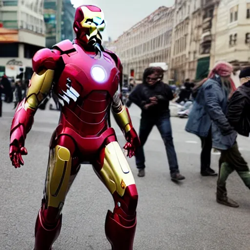 Prompt: iron man killing pedestrians, 4k realistic photo