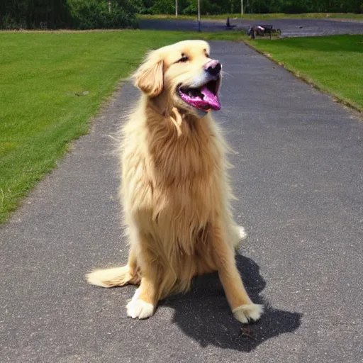 Prompt: a cheerful cartoon photo of a golden retriever who\'s just happy to be here