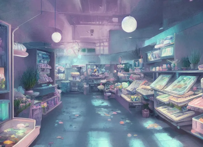 Image similar to placid pastel morning cozy moody cluttered painterly fluffy tiny cramped pet store, lots of aquariums, slanted ceiling, tiny space, particulate, trending on pixiv