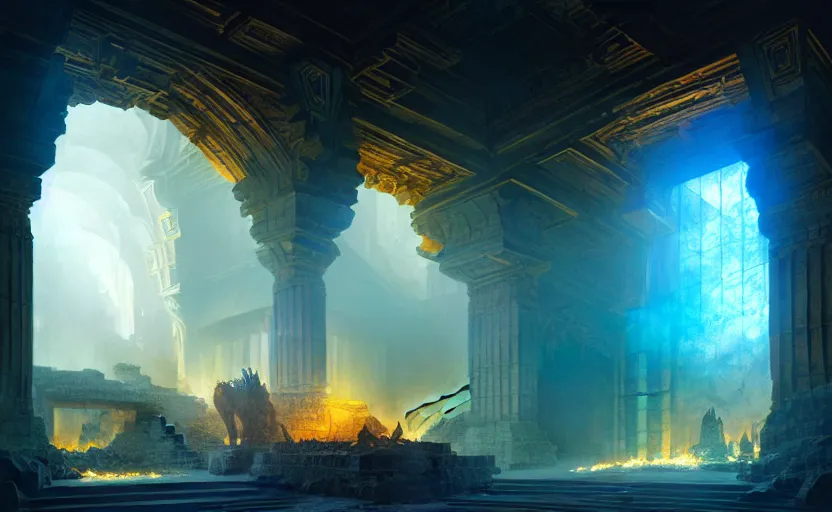 Prompt: The interior of an mytical and ancient temple dragons, in ruins, fire light, a ray of blue light, intricate, elegant, volumetric lighting, digital painting, highly detailed, artstation, sharp focus, illustration, concept art, ruan jia, steve mccurry